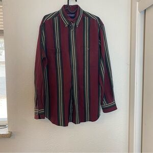 Roundtree & Yorke Men’s Burgundy and Green Vertical Stripe Button-Down Shirt